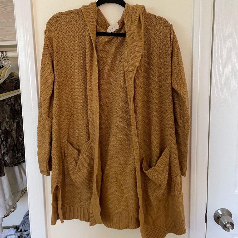Long, hooded cardigan sweater